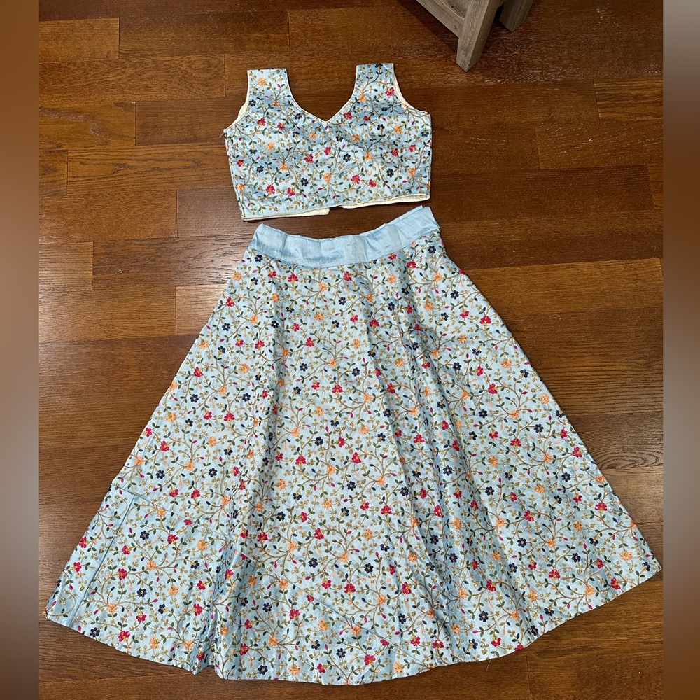 Embroidered two-piece blouse and lehenga skirt